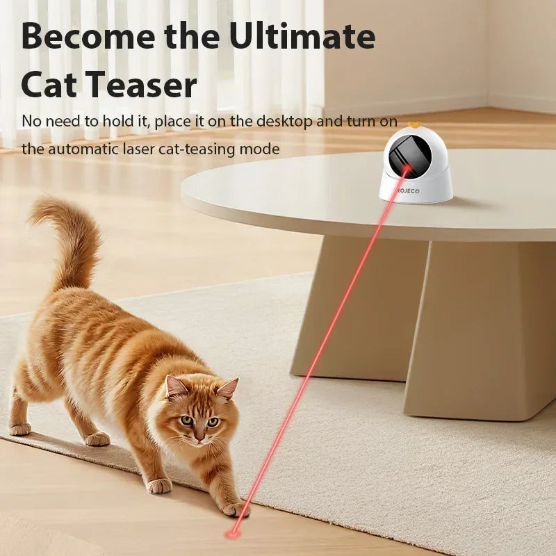 Automatic laser cat toy on table with orange tabby cat playing, interactive pet toy