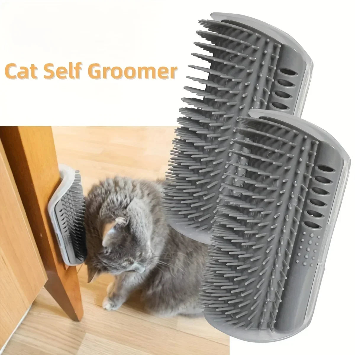 Gray cat rubbing face on corner-mounted cat self groomer brush on wood floor