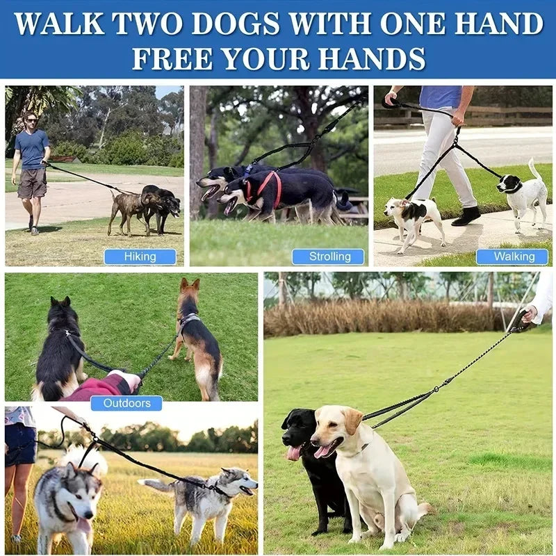 Hands-free double dog leash for walking two dogs outdoors, perfect for hiking, strolling, and walking.