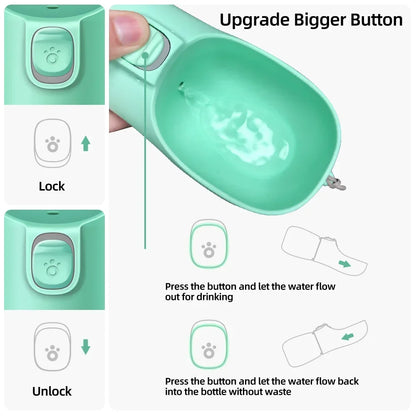 Mint green portable pet water bottle showing lock button, water flow, and refill features.