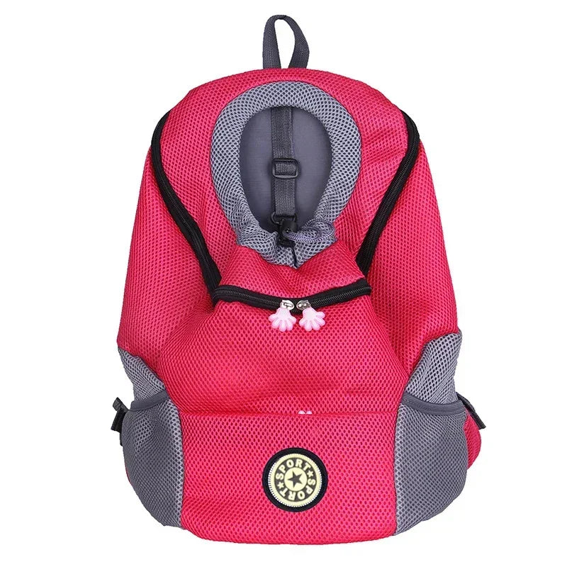 Red and gray pet carrier backpack with mesh panels and front pocket for dogs or cats
