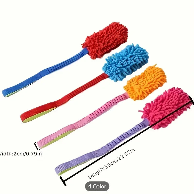 Colorful dog tug toys with handles, plush chenille material, shown in four colors, 56cm long