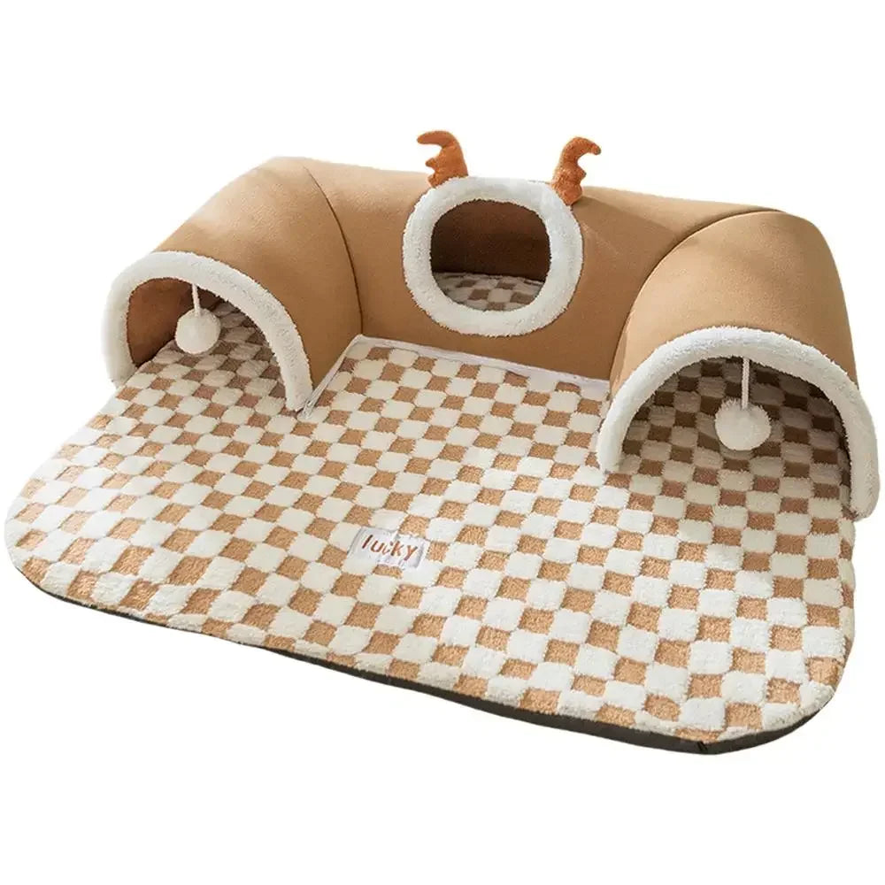 Plush cat tunnel bed with checkered mat, arch tunnels, hanging toys, and antler detail.