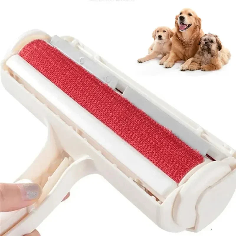 Pet hair remover roller with red lint surface and three dogs in background, dog grooming tool
