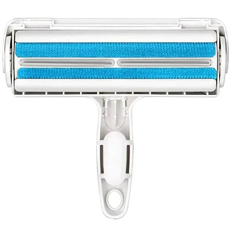 Reusable pet hair remover roller with blue lint strips and white handle for cleaning furniture.