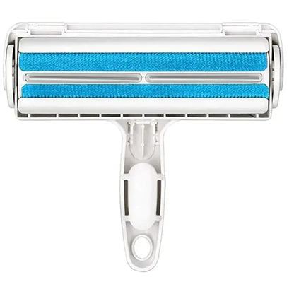 Reusable pet hair remover roller with blue lint strips and white handle for cleaning furniture.