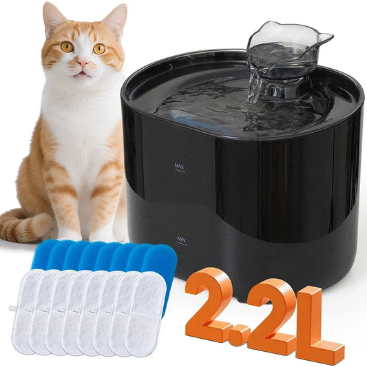 Cat drinking fountain 2.2L with filters, orange tabby cat, automatic pet water dispenser.