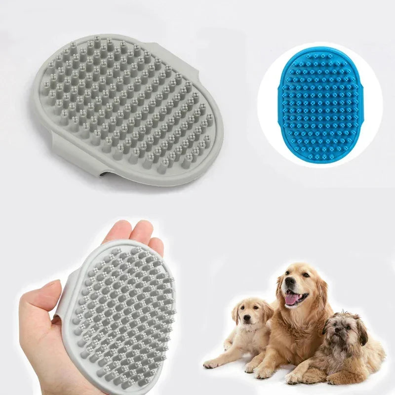 Silicone pet grooming brush for dogs and cats, with close-up views and three dogs shown.