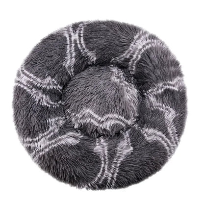 Plush round grey pet bed with raised edges and soft shaggy texture for cats or dogs