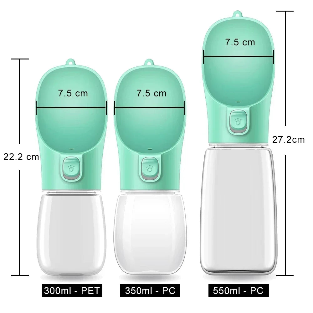 Three portable pet water bottles in green, shown in 300ml, 350ml, and 550ml sizes with measurements.