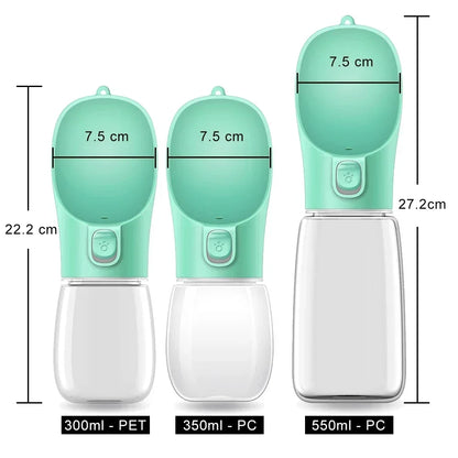 Three portable pet water bottles in green, shown in 300ml, 350ml, and 550ml sizes with measurements.