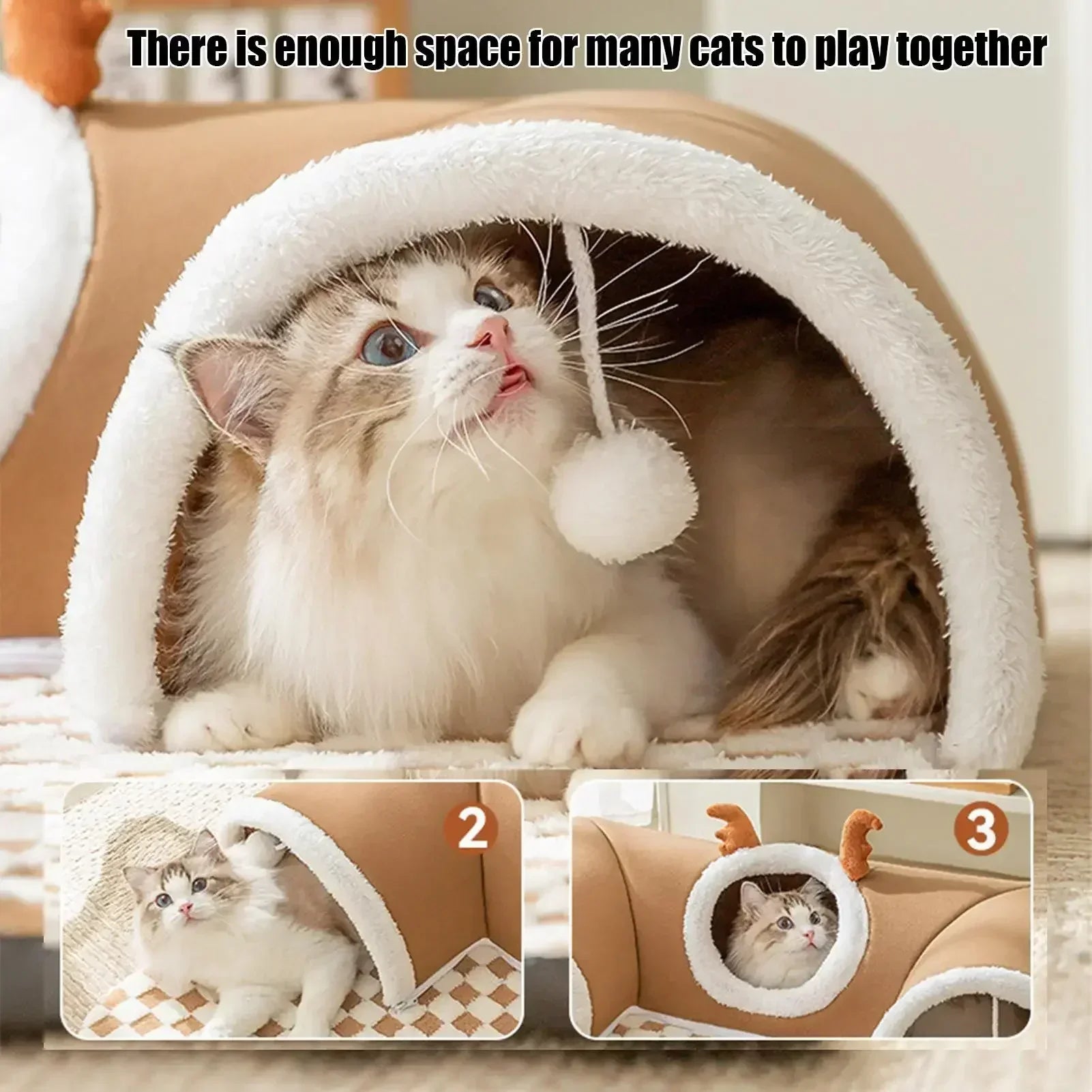 Fluffy cat relaxing inside cozy cat tunnel bed with plush trim and pompom toy, ideal for multiple cats.