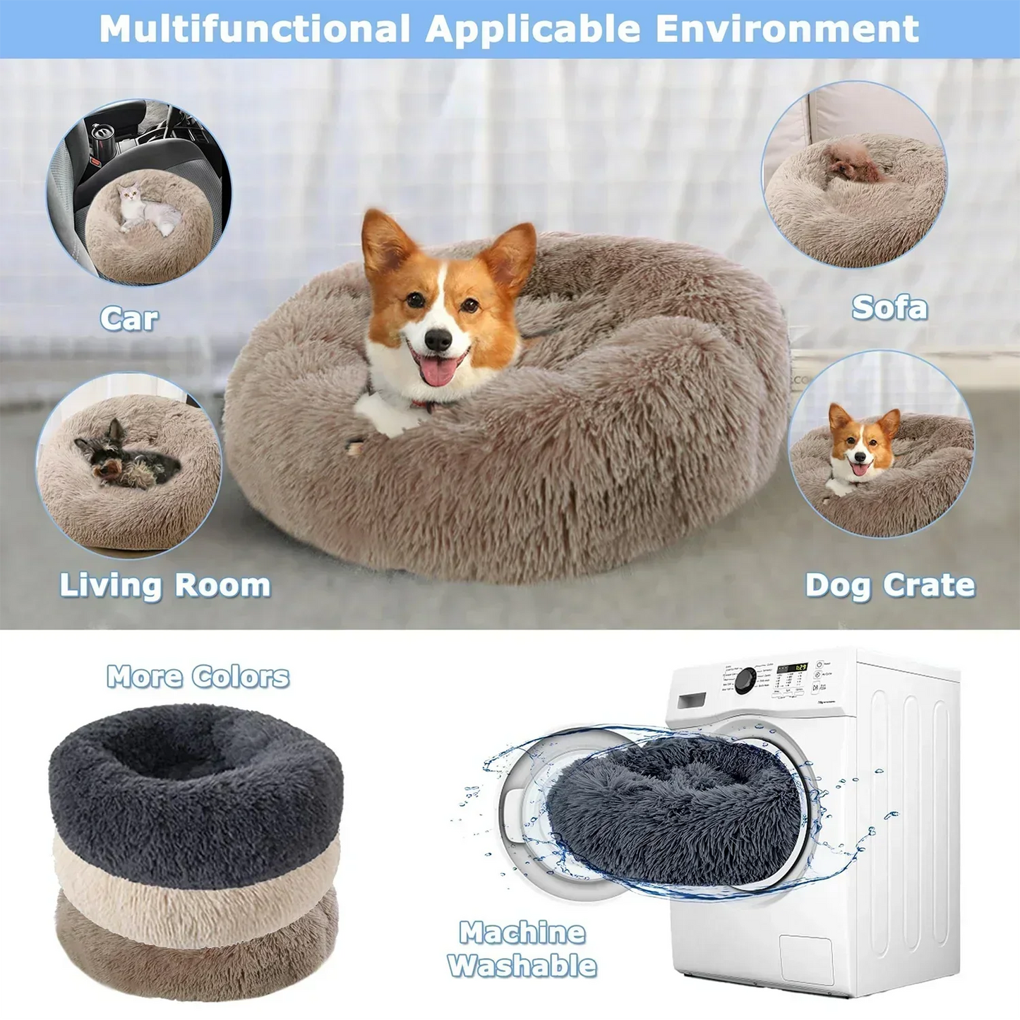 Fluffy round dog bed in multiple colors, suitable for car, sofa, crate, living room, machine washable.