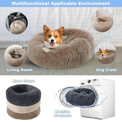 Fluffy round dog bed in multiple colors, suitable for car, sofa, crate, living room, machine washable.