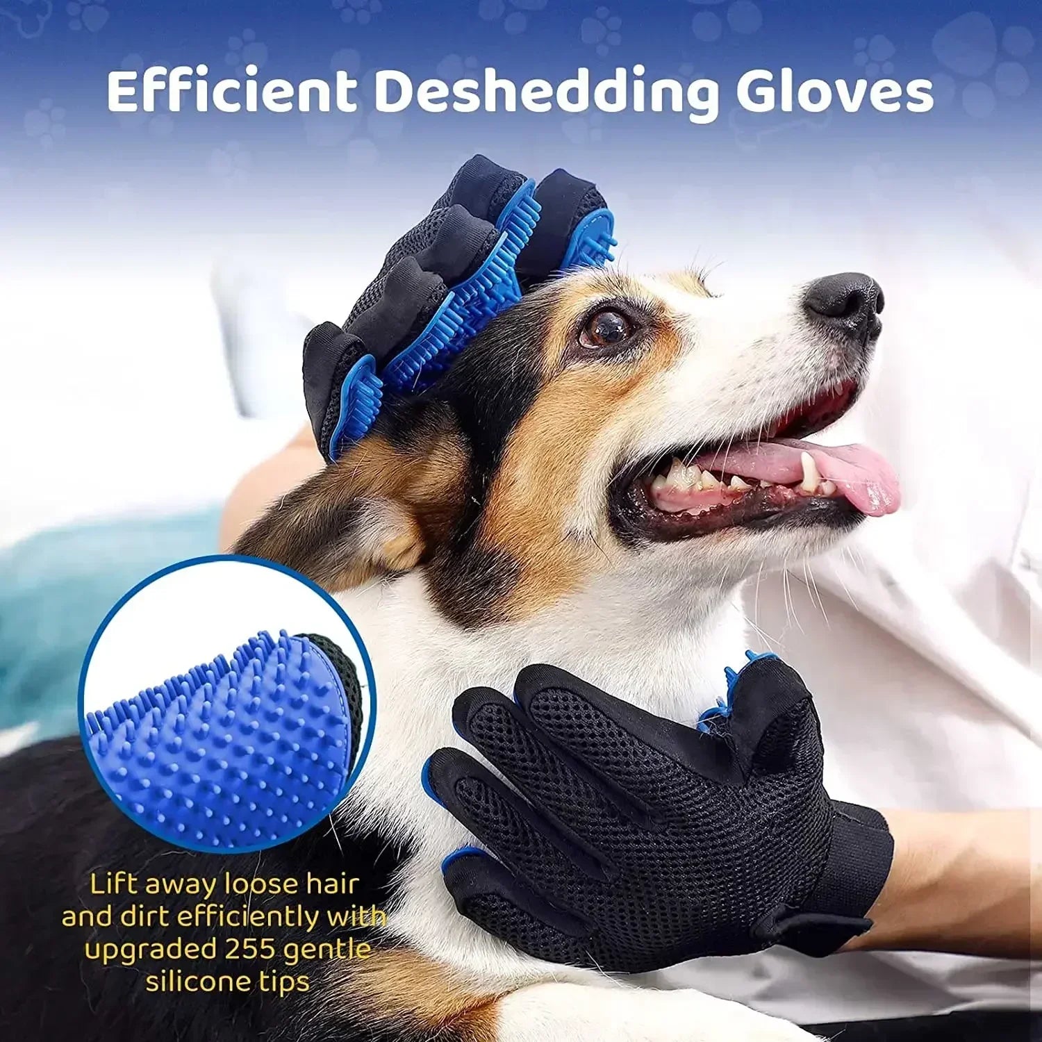 Dog being groomed with blue silicone deshedding gloves, effective pet hair remover tool.