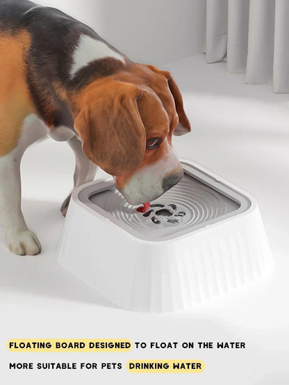 Beagle dog drinking from floating board water bowl, pet hydration product indoors