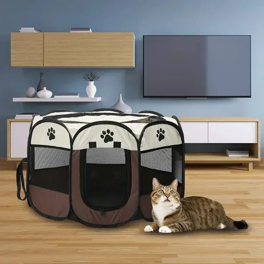 Cat playpen and brown tabby cat in modern living room, portable pet enclosure, indoor pet supplies