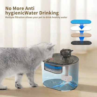 Gray cat drinking from automatic pet water fountain with multi-layer filtration system indoors