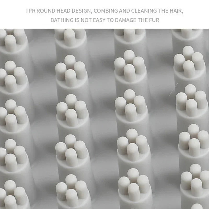 Close-up of soft TPR round bristles on pet grooming brush for gentle hair cleaning