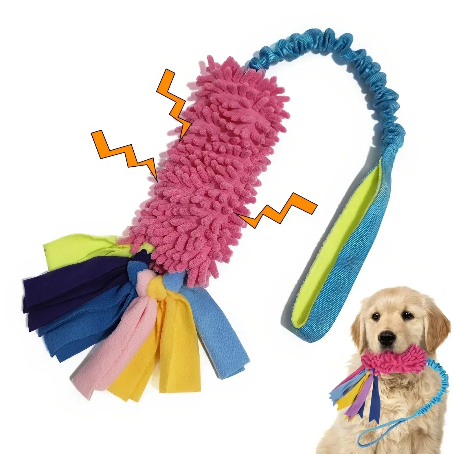 Colorful squeaky plush dog tug toy with handle and a golden retriever puppy holding it