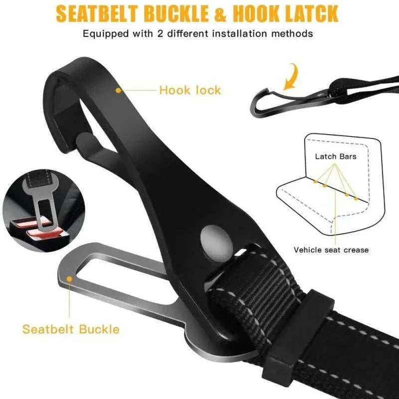 Pet seatbelt buckle and hook latch for car, showing dual installation methods and safety clip.