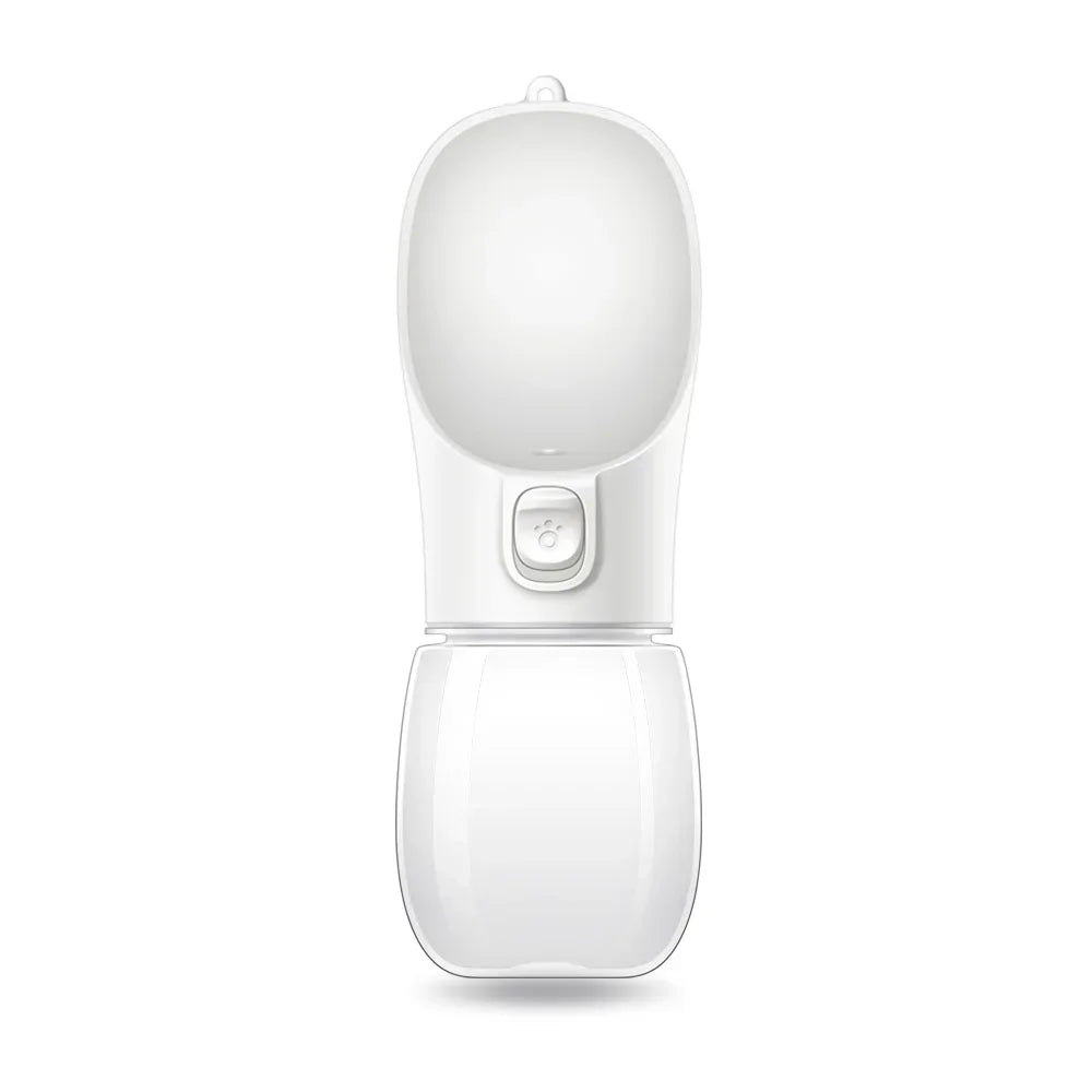 Portable white pet water bottle with built-in drinking bowl and dispenser button for dogs or cats