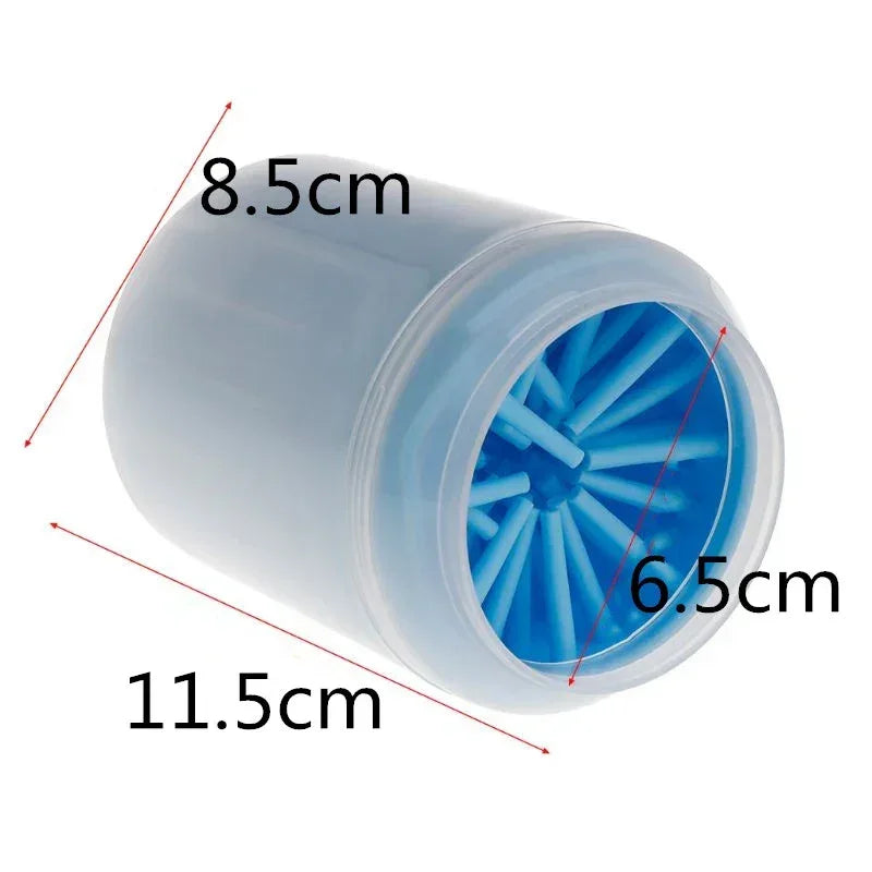 Pet paw cleaner cup with blue silicone bristles, labeled measurements 11.5cm, 8.5cm, 6.5cm