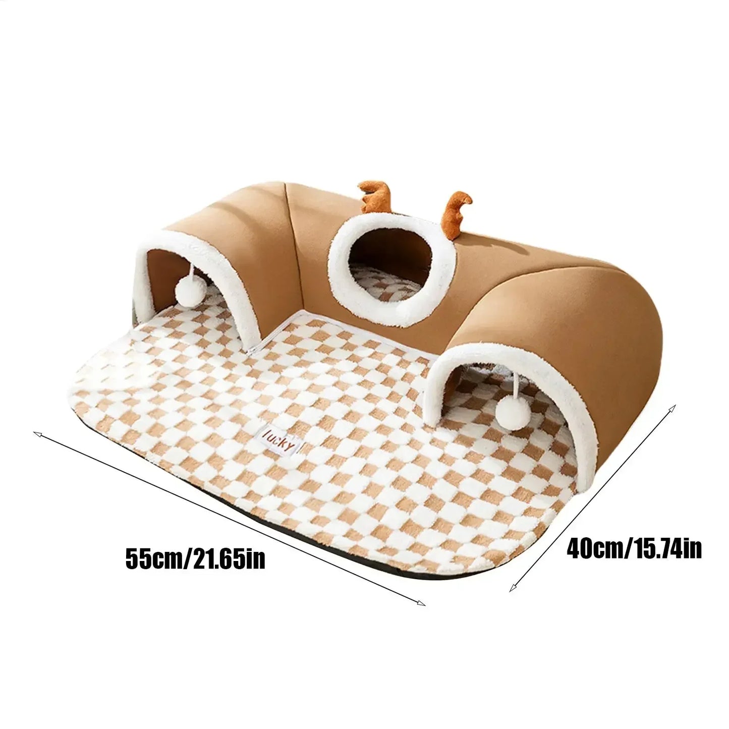 Plush cat tunnel and play mat with dome design, pompom toys, and checked pattern, 55x40cm.