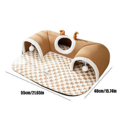 Plush cat tunnel and play mat with dome design, pompom toys, and checked pattern, 55x40cm.