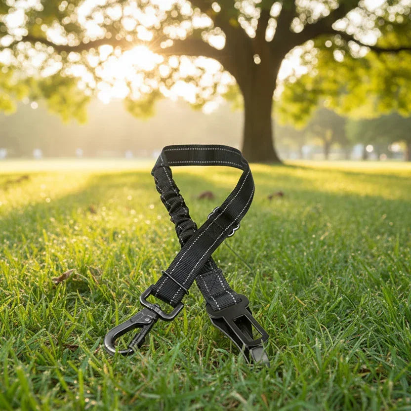 Black adjustable dog seat belt leash on grass in park with sunlight and tree background
