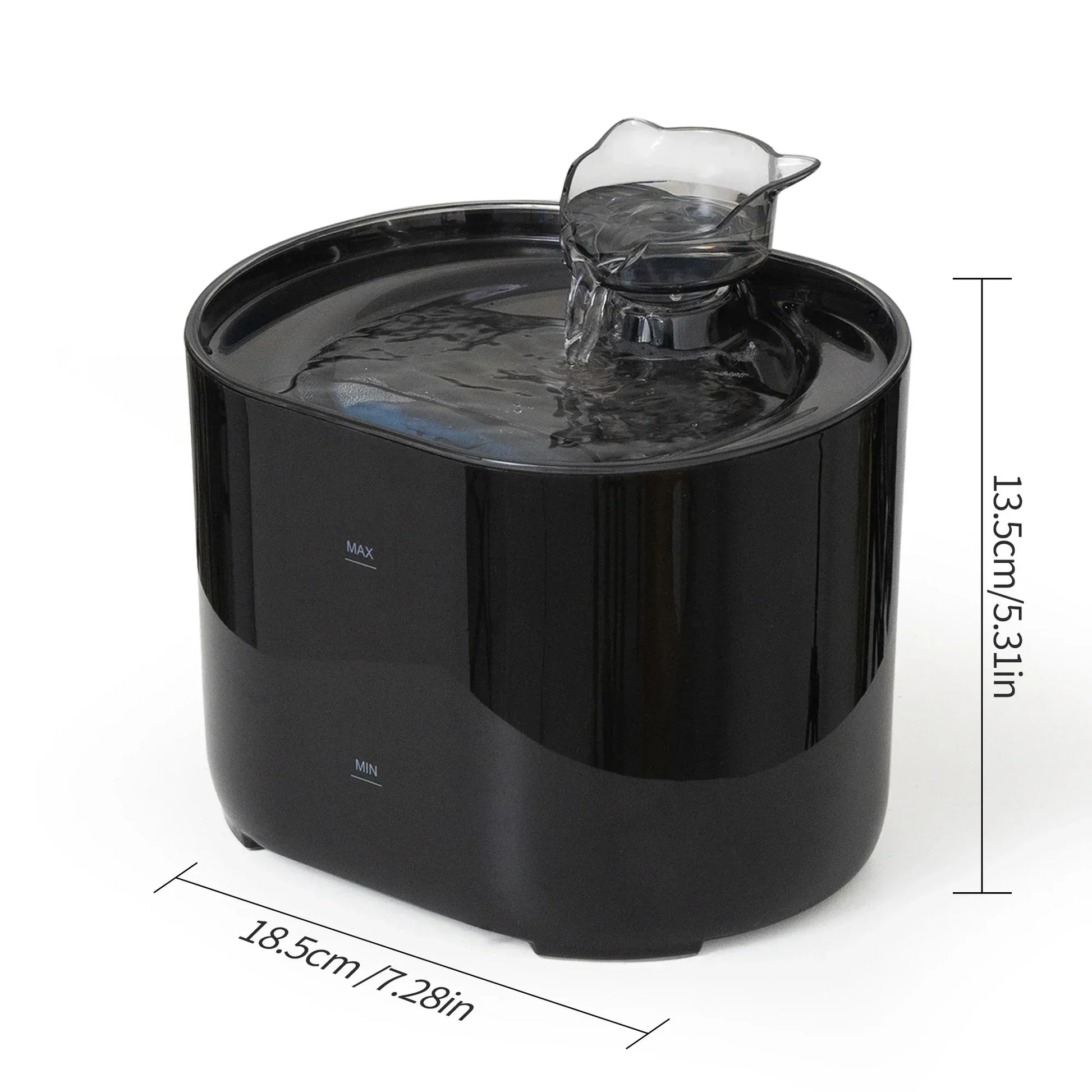 Black automatic pet water fountain with cat ear spout, water level marks, and size dimensions
