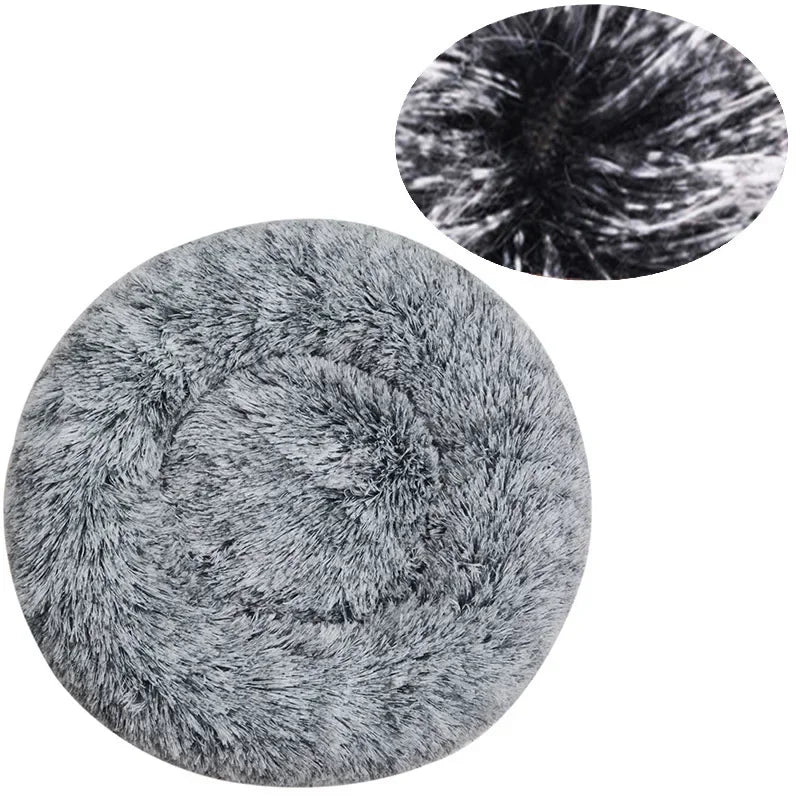 Round fluffy grey pet bed with soft plush texture, ideal for dogs and cats