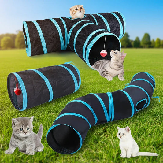 Interactive cat tunnel toy with playful kittens on grass, durable pet play tunnel for cats
