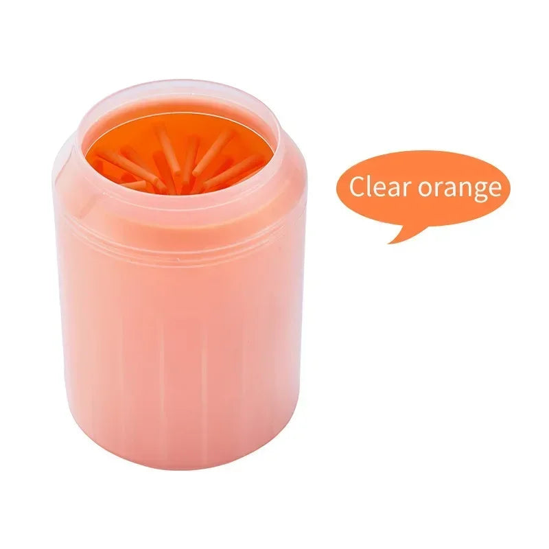Clear orange portable pet paw cleaner cup with soft silicone bristles for dogs or cats