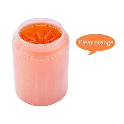 Clear orange portable pet paw cleaner cup with soft silicone bristles for dogs or cats