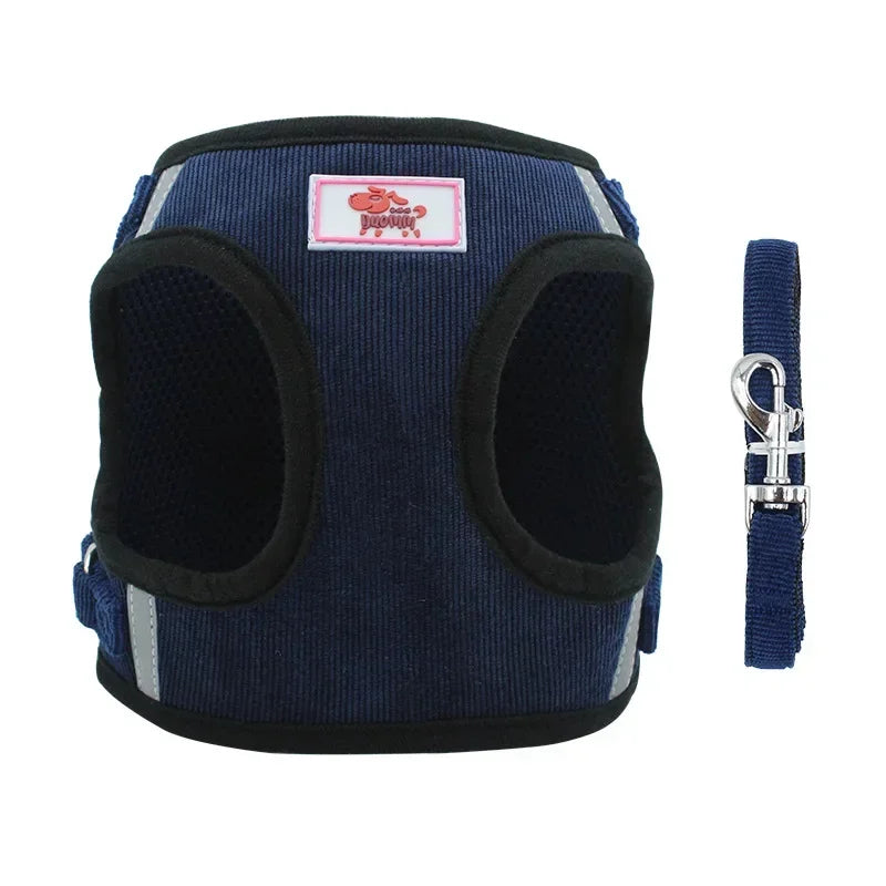 Navy blue breathable dog harness with matching leash for pets
