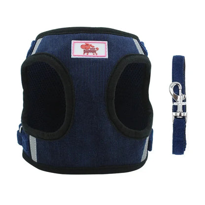 Navy blue breathable dog harness with matching leash for pets