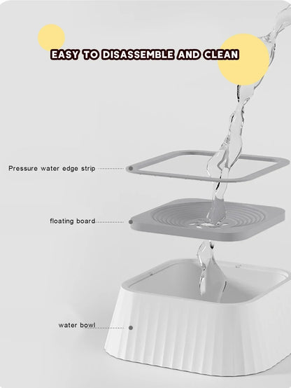 Exploded view of a pet water bowl showing detachable parts, labeled for easy cleaning.