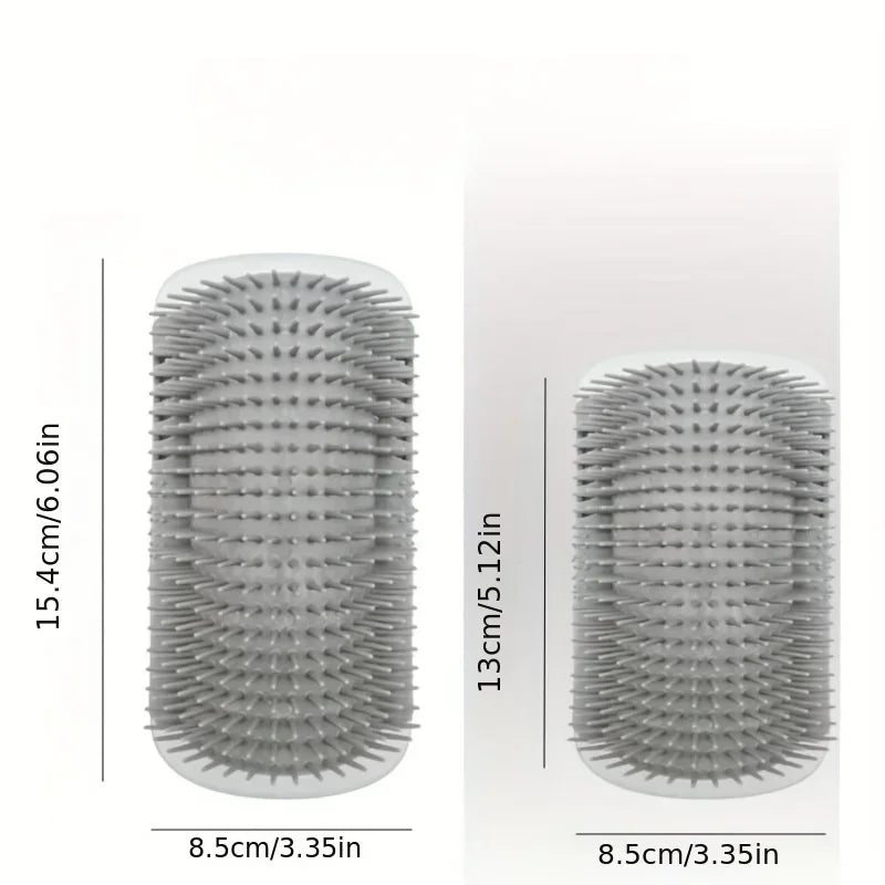 Two gray silicone pet grooming brushes with soft bristles in small and large sizes, shown with measurements.