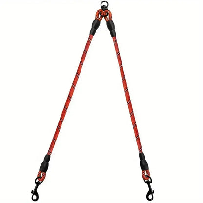 Durable red double dog leash splitter with swivel clips and reinforced rope design