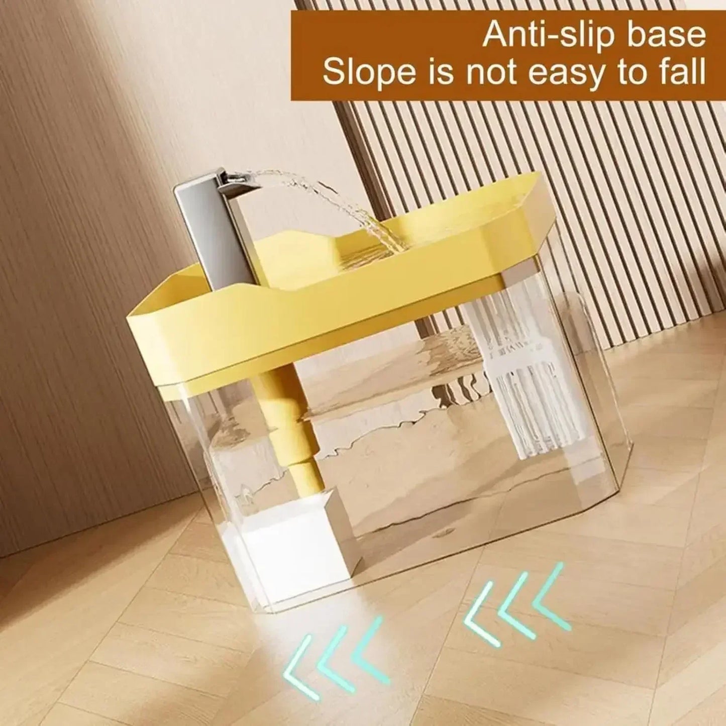 Automatic pet water fountain with yellow anti-slip base on wooden floor, flowing water design
