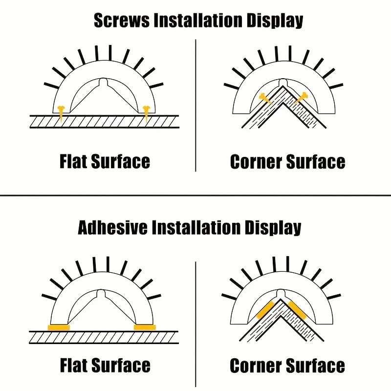 Diagram showing screws and adhesive installation methods for a pet product on flat and corner surfaces.