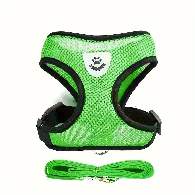 Green mesh dog harness with black trim and matching green leash set for pets