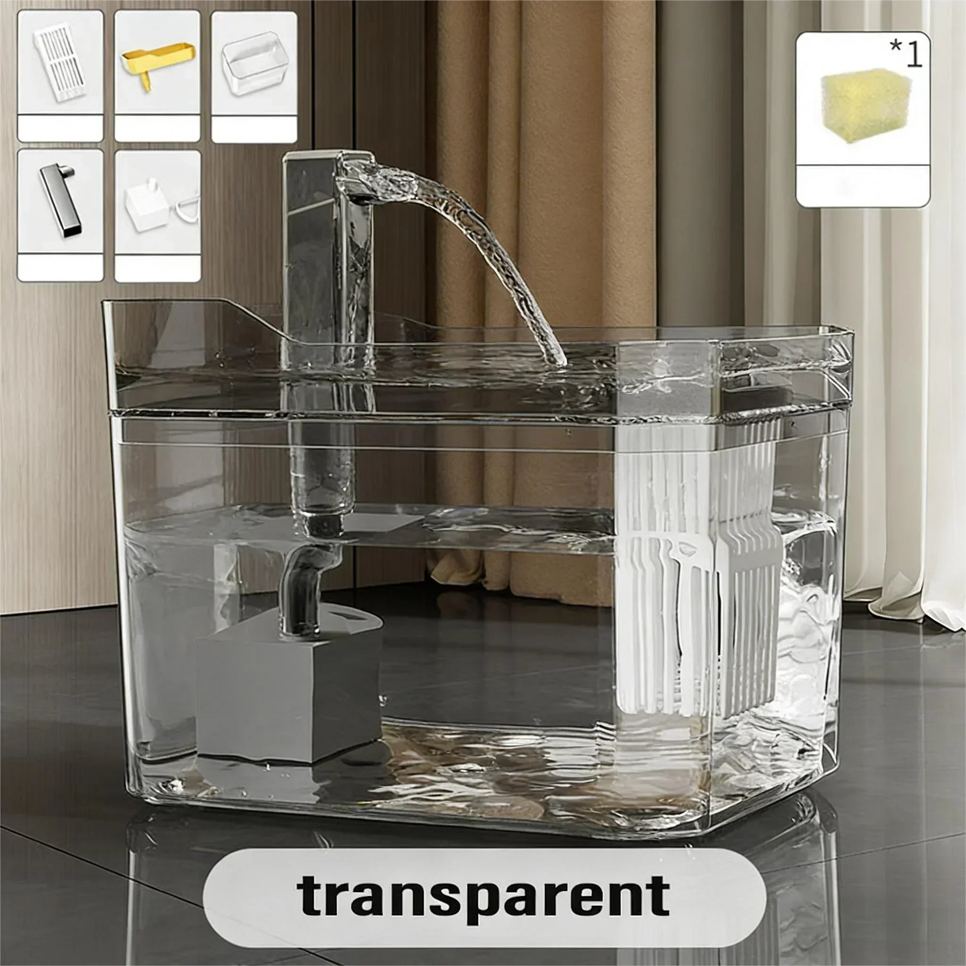 Transparent automatic pet water fountain with filter and accessories for cats and dogs