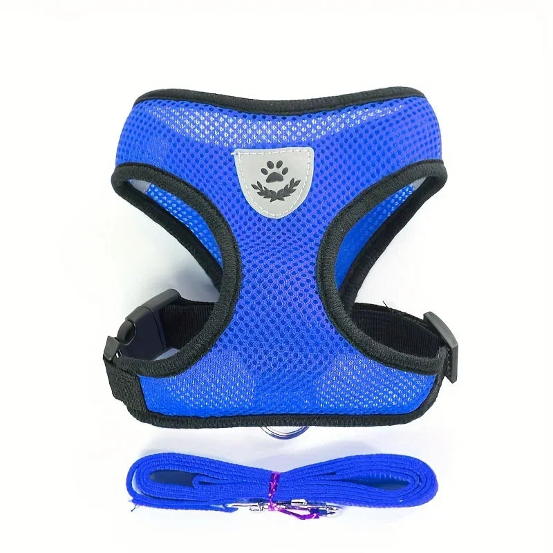 Blue breathable mesh dog harness with reflective paw emblem and matching leash on white background.