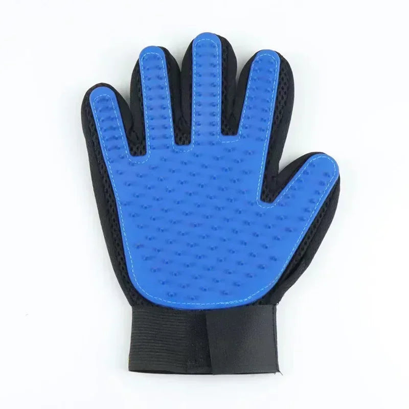 Blue silicone pet grooming glove with textured surface for removing shedding hair