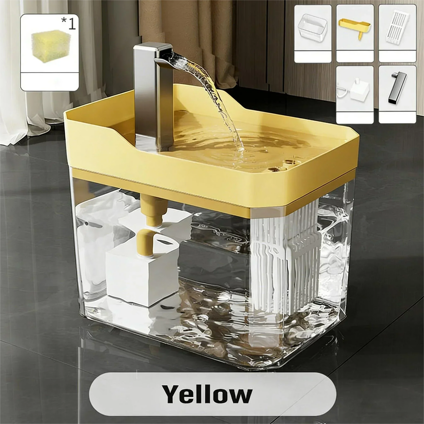 Yellow automatic pet water fountain with filter, clear tank, and included accessories.