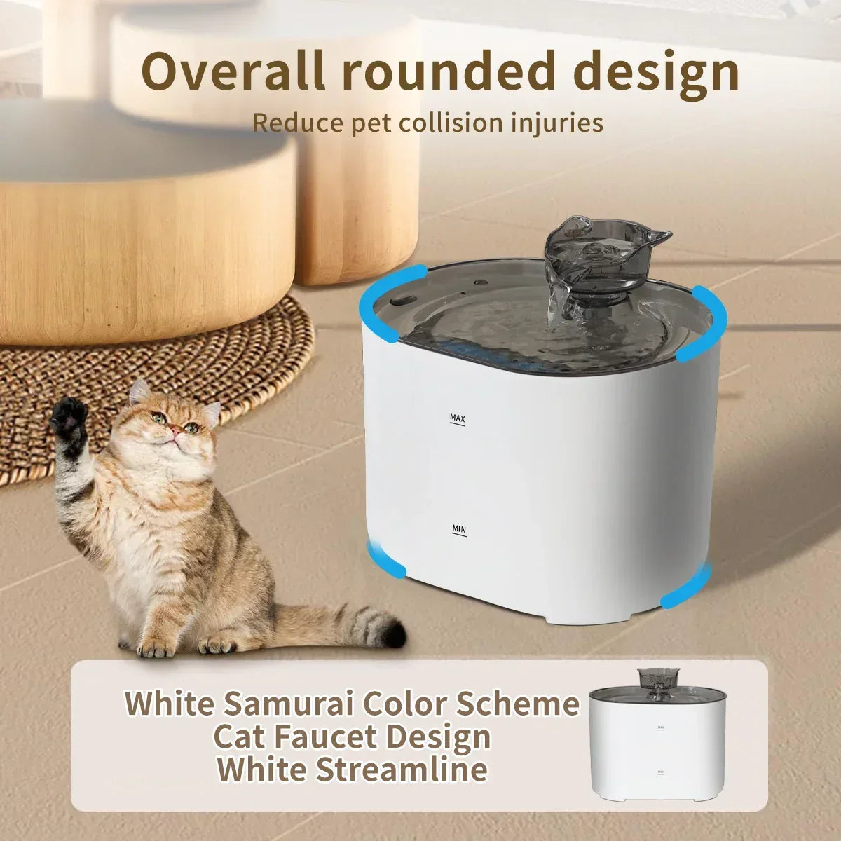 Cat next to modern white pet water fountain with rounded design and cat-shaped spout