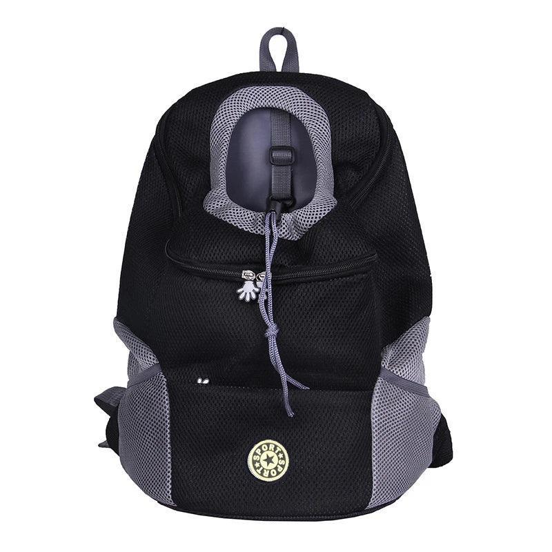 Black and gray mesh pet carrier backpack with front pocket and drawstring top opening