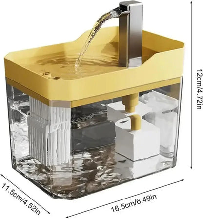 Automatic pet water fountain with yellow top, built-in filter, clear tank, and size dimensions.